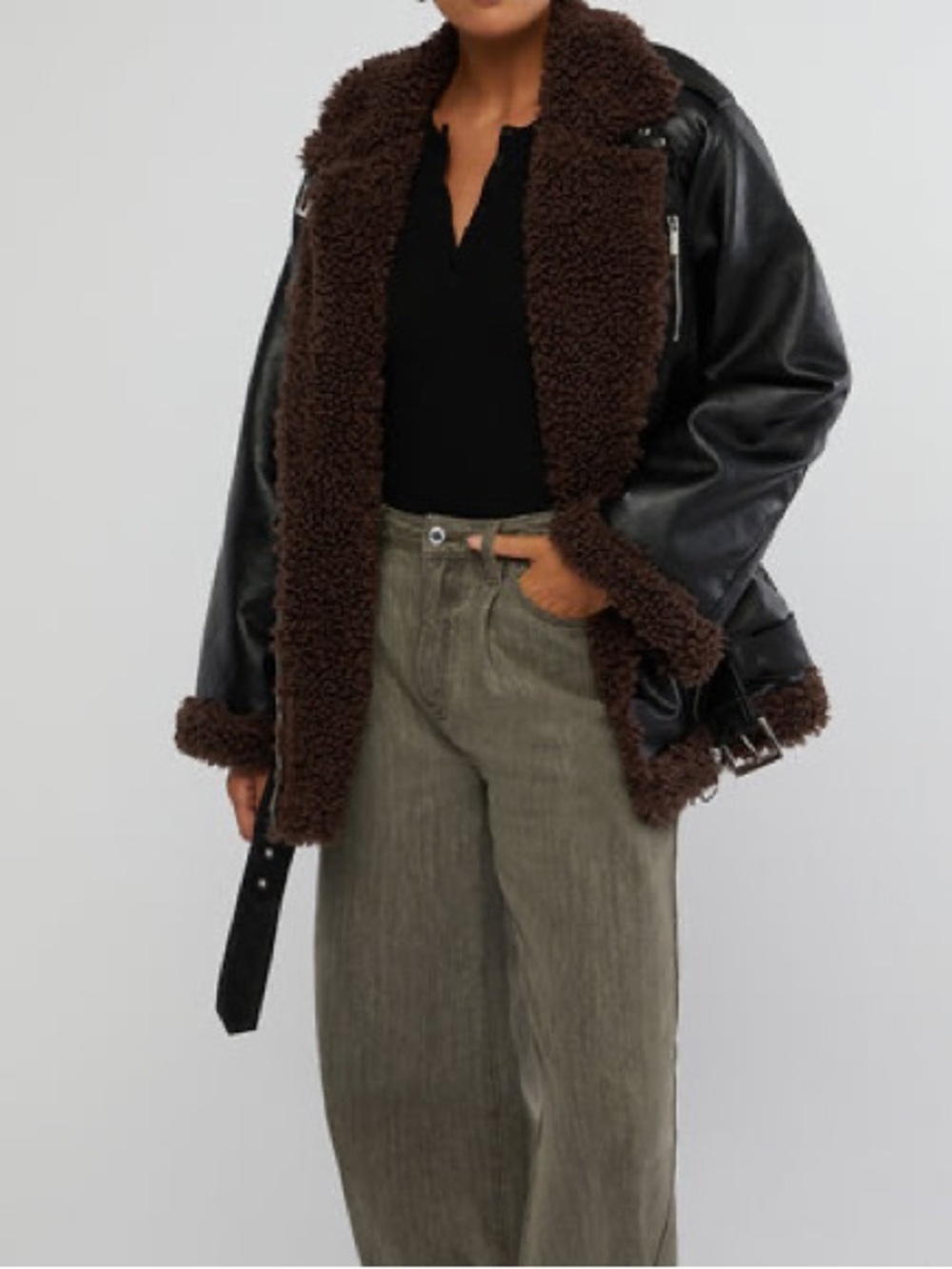 WE WORE WHAT SHEARLING VEGAN LEATHER OVERSIZED BOYFRIEND MOTO JACKET